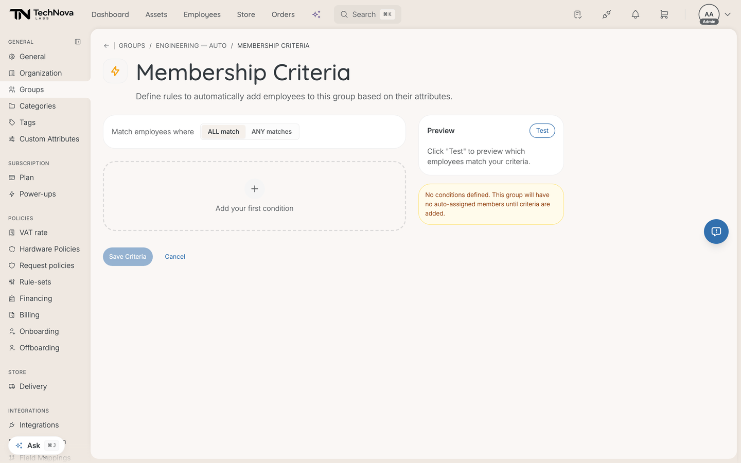The Membership Criteria editor with no conditions defined and a Preview panel