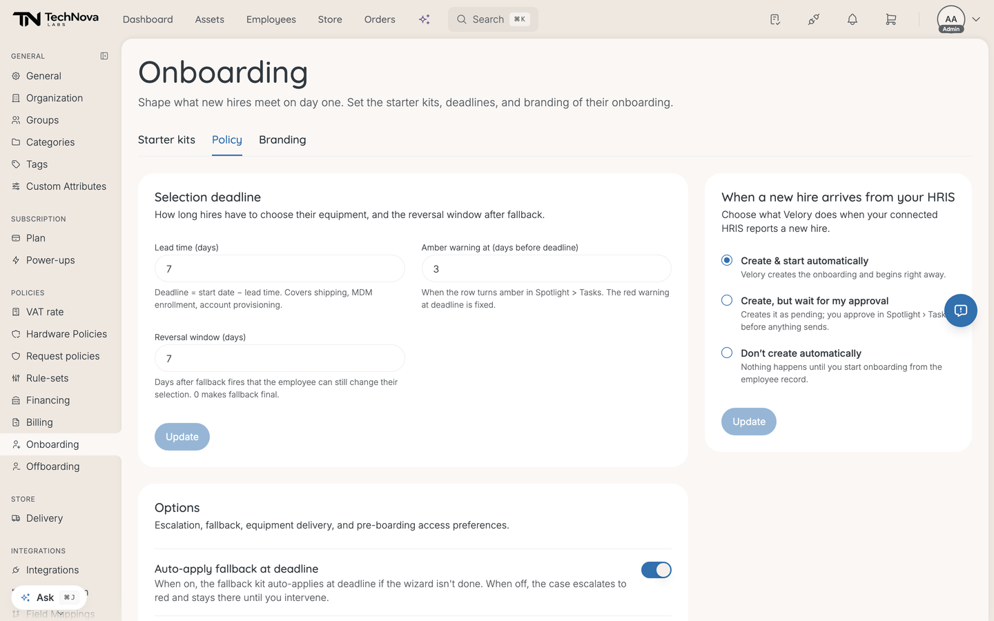 The onboarding Policy tab showing selection deadline fields and HRIS new-hire handling