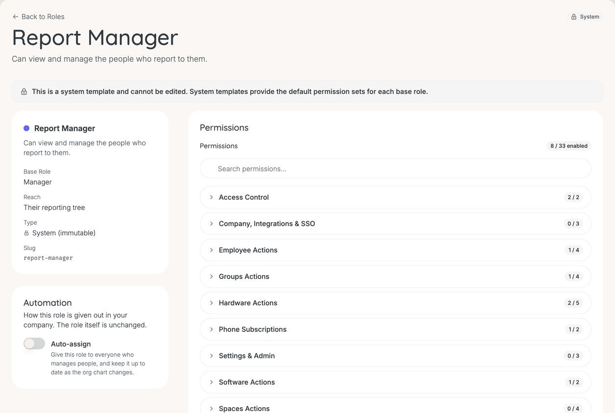 The Report Manager role page showing Reach set to Their reporting tree, and the Auto-assign switch under Automation