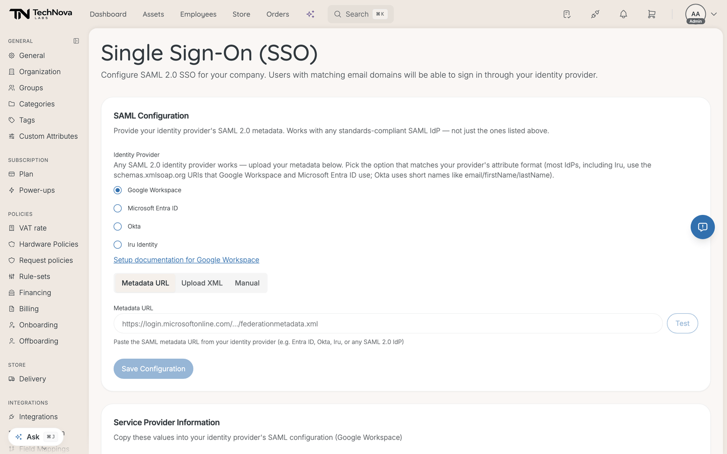 The Single Sign-On page showing identity provider options and the SAML configuration modes
