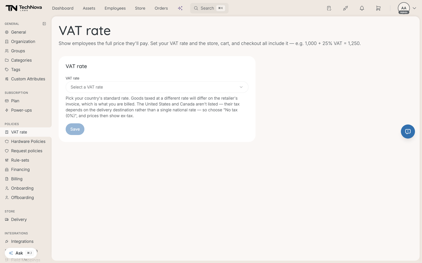 The VAT rate page with an unset rate picker
