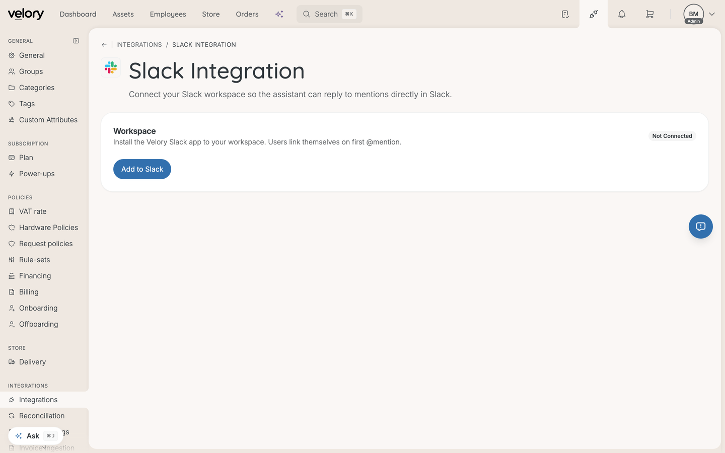 The Slack integration page in Velory, showing a Workspace card marked Not Connected with an Add to Slack button