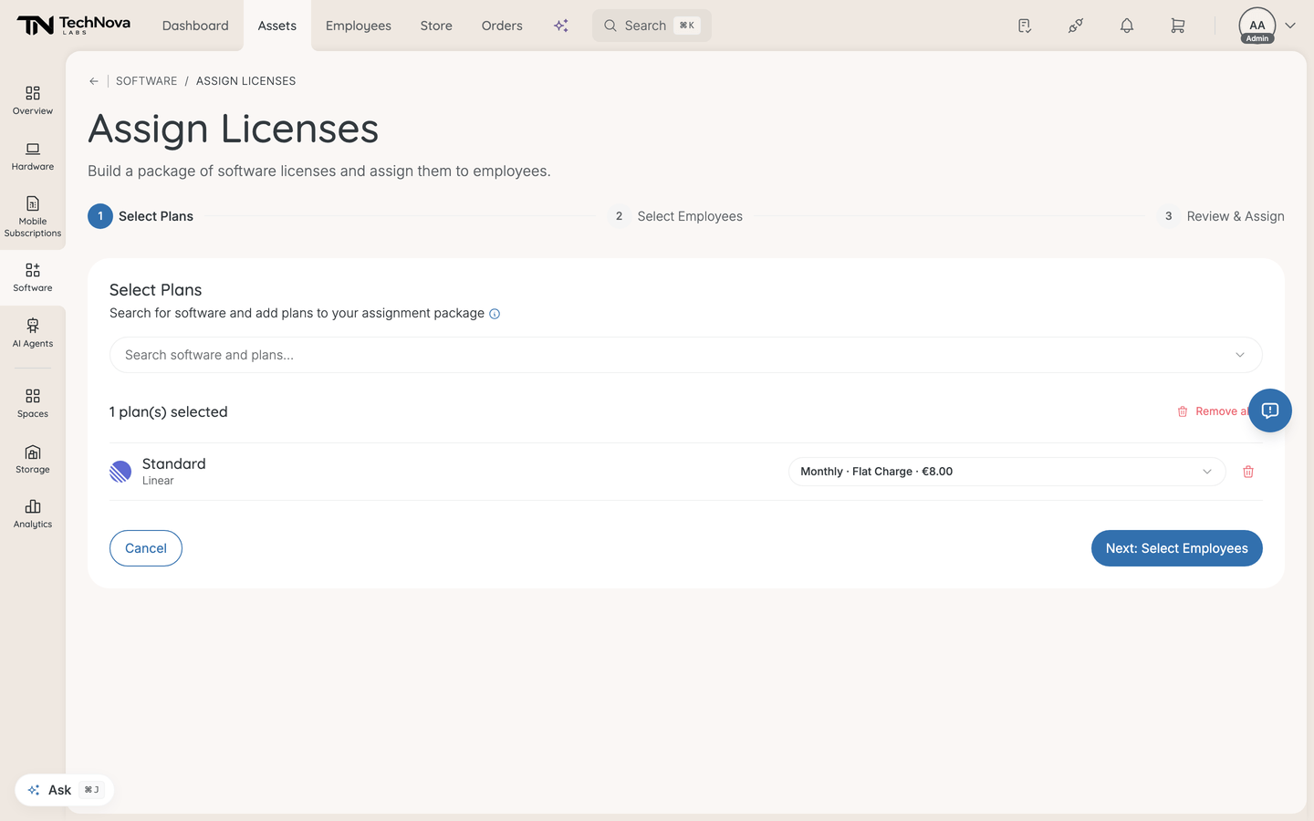 The first step of the assignment wizard, searching for a service and picking a plan