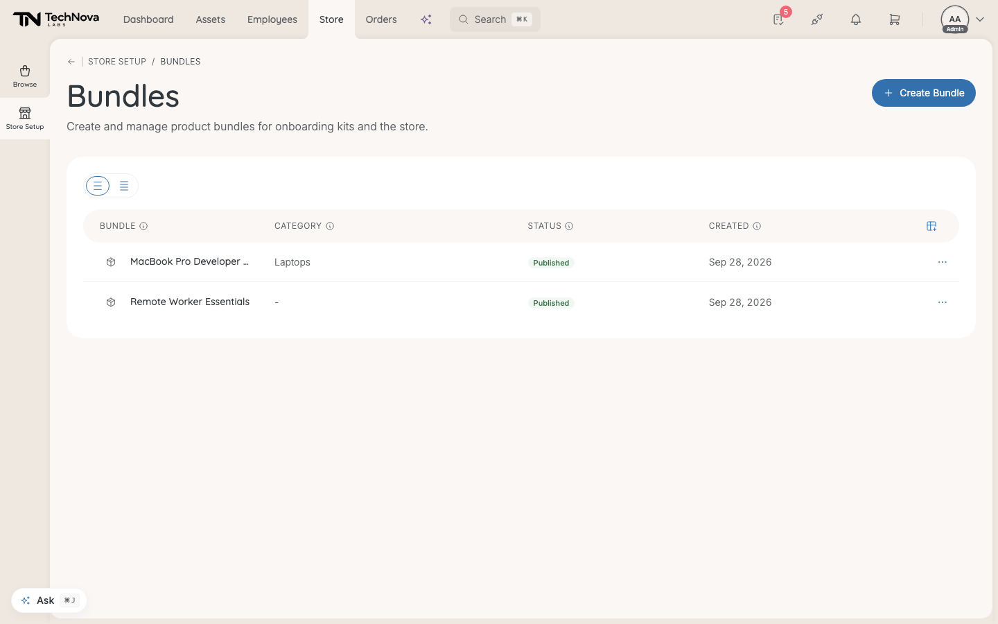 The Bundles list with name, category, status and creation date.