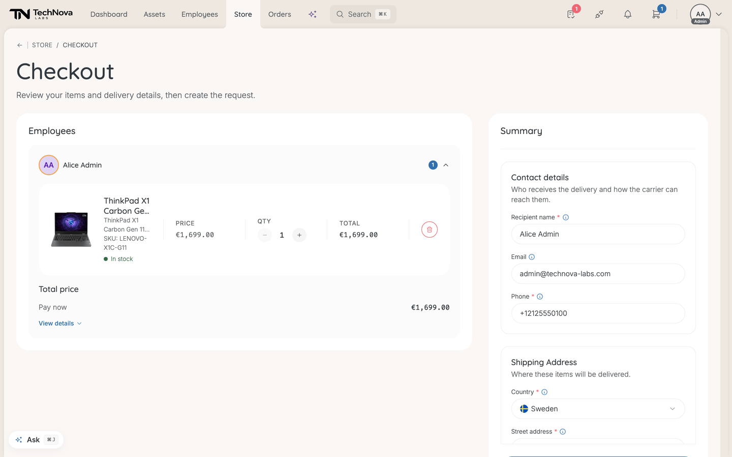 The checkout page: items grouped by recipient on the left, contact details and shipping address on the right.