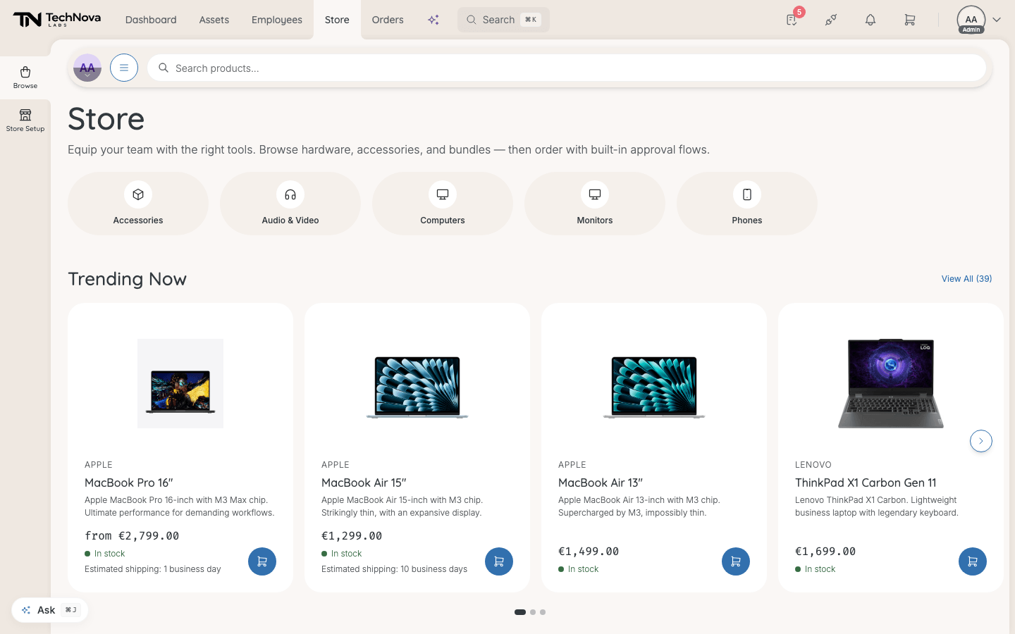 The Store front page, with category shortcuts and the Trending Now carousel.
