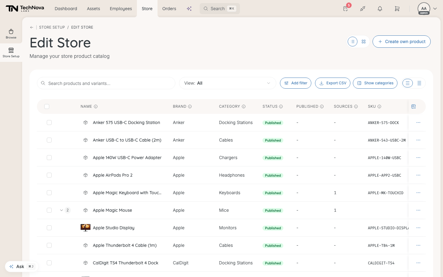 Edit Store as a table, with brand, category, status, published date and sources per product.