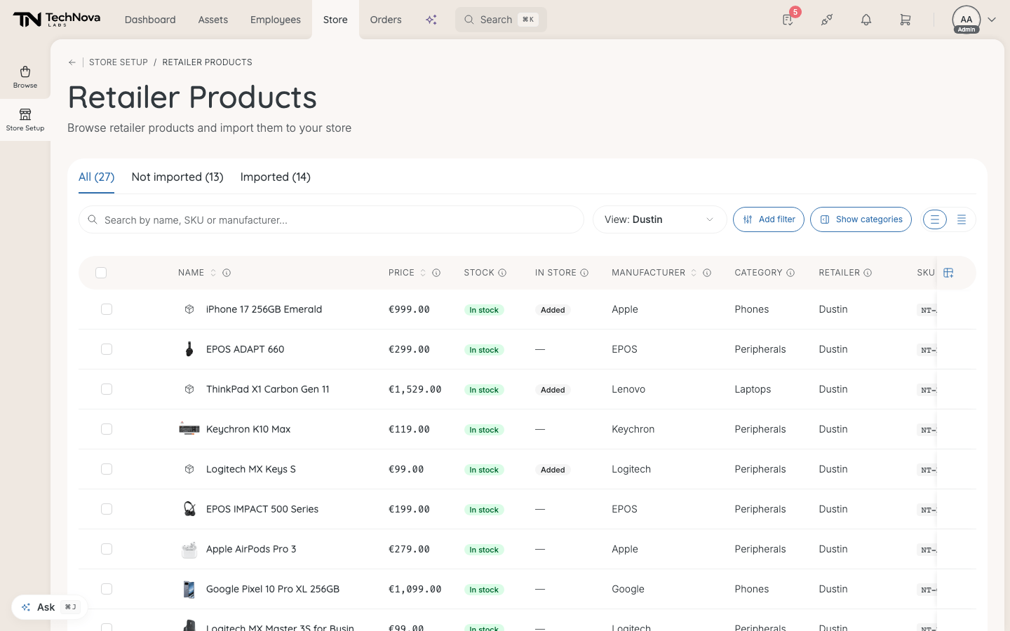 Retailer Products, with the All, Not imported and Imported tabs above the list.