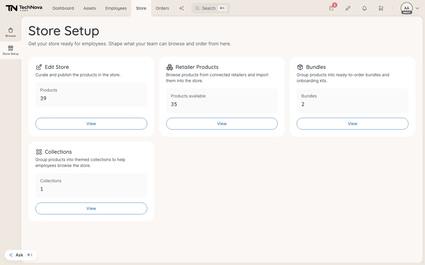Store Setup, with cards for Edit Store, Retailer Products, Bundles and Collections.