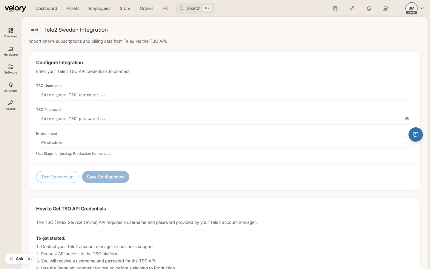 The Tele2 Sweden configuration form with fields for TSO Username, TSO Password, and Environment