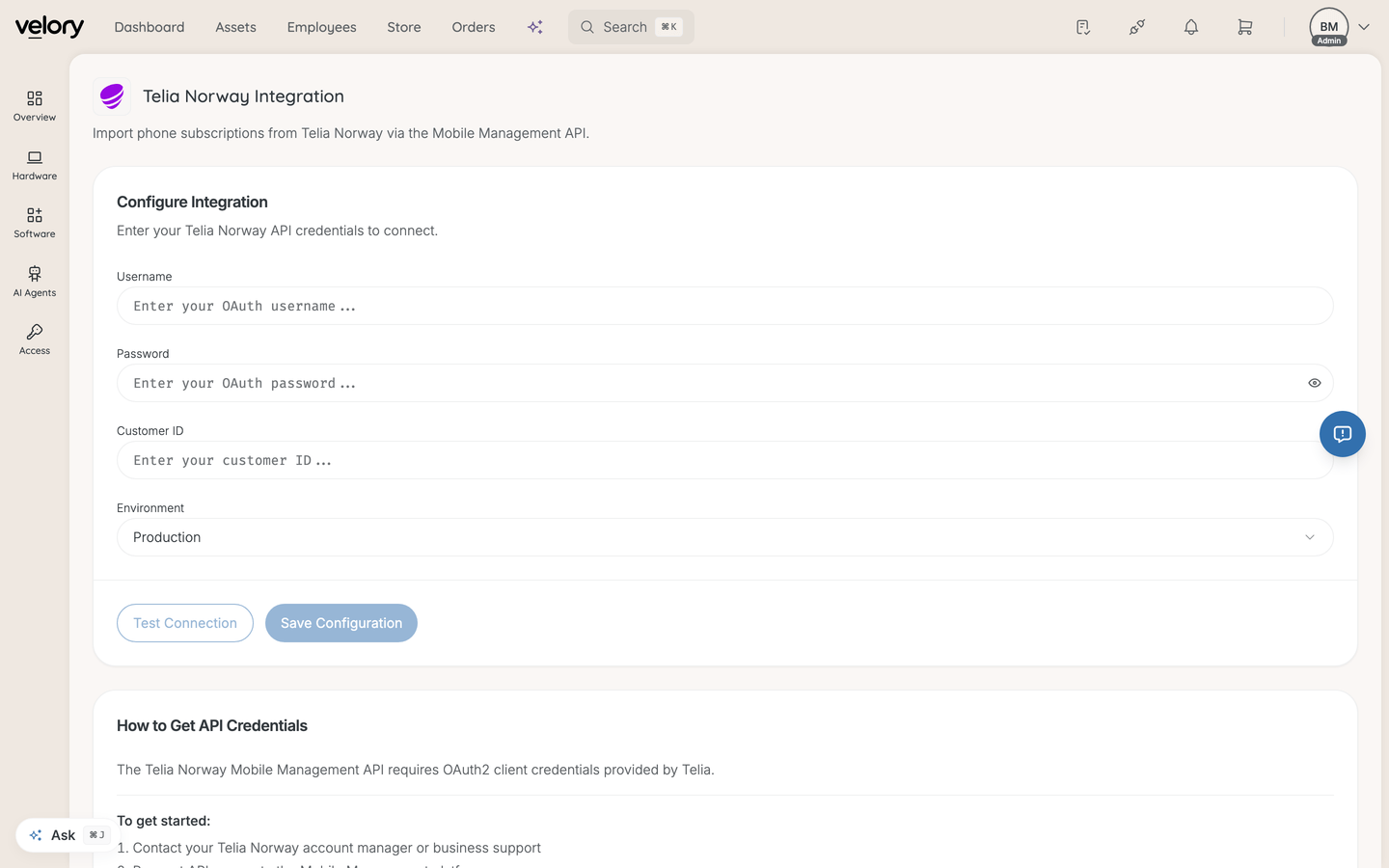 The Telia Norway configuration form with fields for Username, Password, Customer ID, and Environment