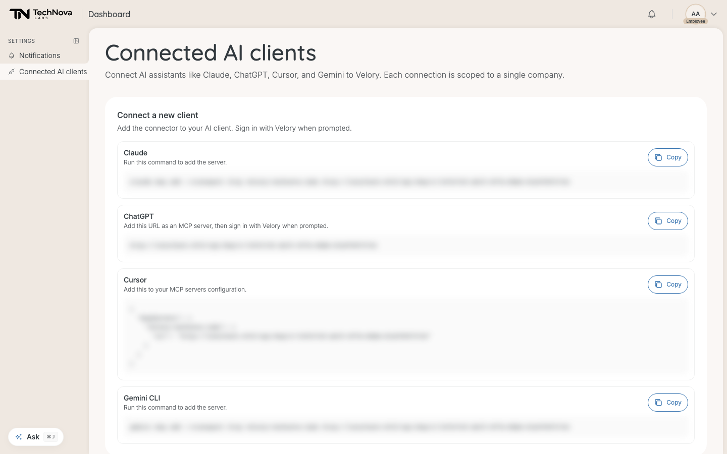 The Connected AI clients page, with a connector for each assistant.