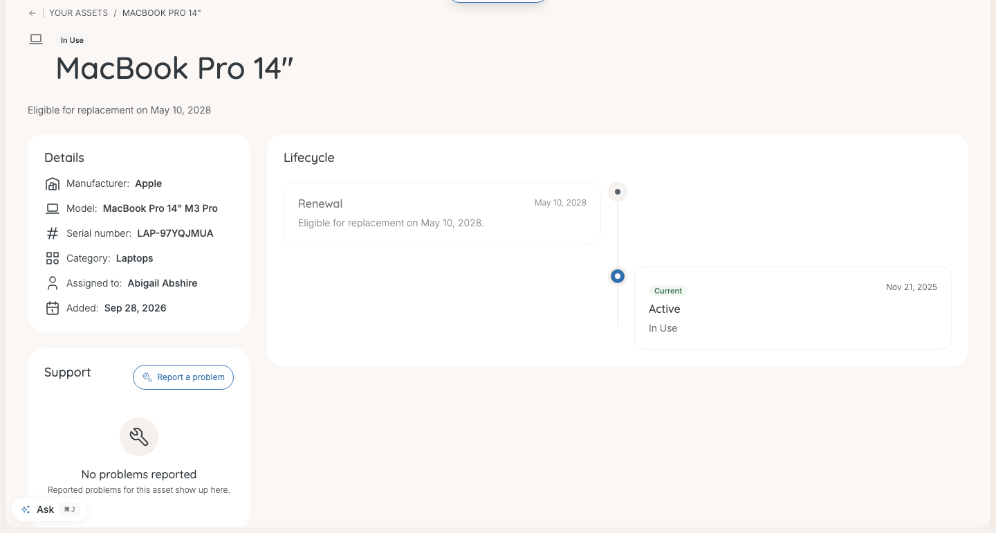 A laptop's details: Details, Support and Lifecycle.