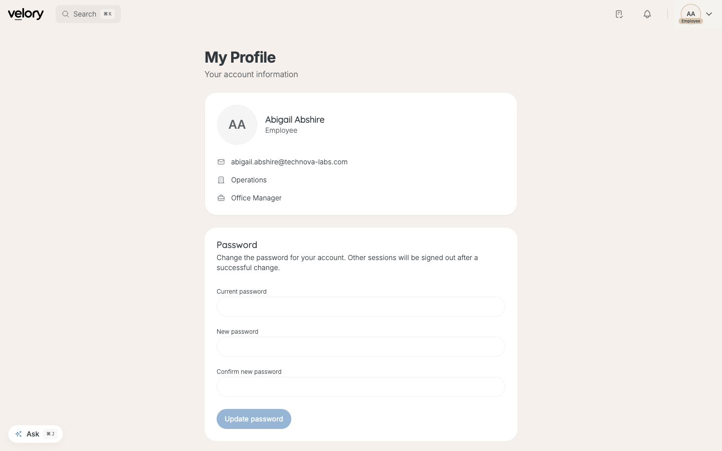 My Profile, with the Password card below your details.