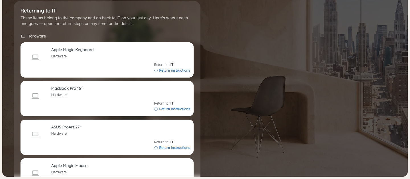 Returning to IT, one card per device.